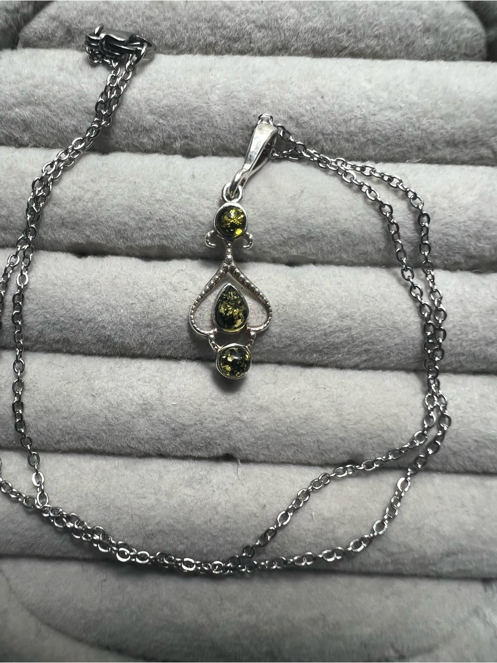 Sterling Silver Green Amber Teardrop Pendant Necklace - Women Jewelry